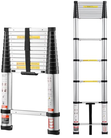 VEVOR Échelle Télescopique Aluminium 3,8 m Pliable Multifonctionnelle Rétraction à Un Bouton Capacité de Charge 150 kg Pieds Antidérapants Échelle pour Maison, Travaux Extérieurs, Grenier, Réparation