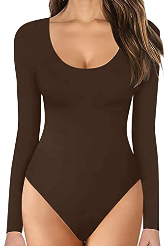 Generisk onepiece dam kort jumpsuit dam vinter, tajt enfärgad yoga set smal passform underklänning långärmad pyjamas rund hals sovskjorta stretch nattkläder bekväma sovkläder elegant onsie, kaffe, L