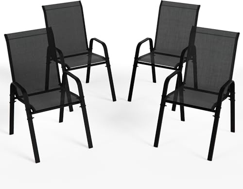 RTDTD Sillas de jardín apilables para exteriores con reposabrazos, textileno transpirable y estructura de acero para jardín, balcón, patio trasero (juego de 4 piezas, negro)
