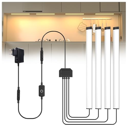 Lustaled Flach Unterbauleuchte Küche LED mit Kabel, 4 x 30cm Vitrinenbeleuchtung LED Küchenlampe Unterbau Warmweiß 3000K, Touch Dimmbare Küchenunterbauleuchte 230V für Schrank, Vitrine, Regal