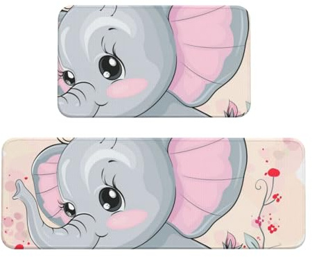 Juego de 2 alfombras de cocina acolchadas con diseño de elefante, cómodas alfombrillas de pie para decoración del hogar, tapetes de cocina para suelo, antideslizantes, lavables, para lavandería, 43 x