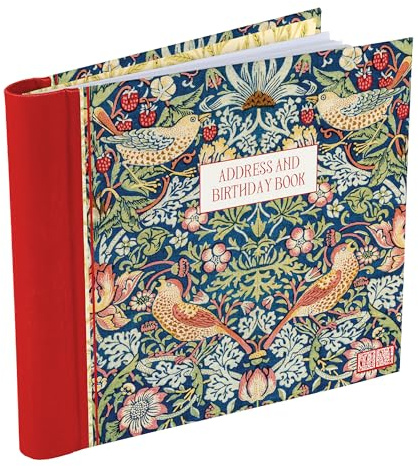 William Morris Strawberry Thief Address & Birthday Book – William Morris Address Book with Birthday Reminder Sections – Cloth-Covered Spiral Bound Organiser with Tab Dividers 16.5 × 14.5 cm