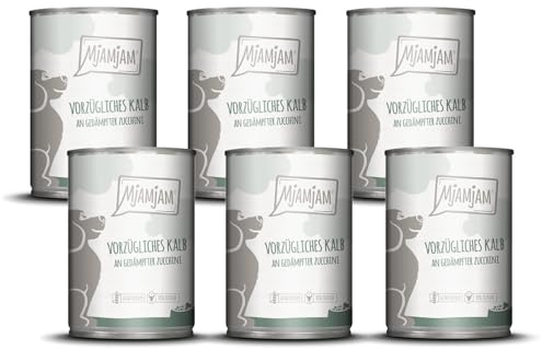 MjAMjAM - nourriture humide premium pour chiens - excellent veau aux courgettes vapeur, pack de 6 (6 x 400 g), sans céréales avec supplément de viande
