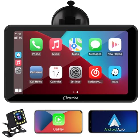 CARPURIDE Senza Fili Autoradio, Portatile Lettore Video per Auto con Cruscotto Wireless Carplay & Android [7 pollici] con FM/GPS Navigazione/Vivavoce Bluetooth 5.0/ Mirrorlink/Siri, con Fotocamera