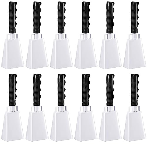Pelopy 12 Pcs Large Cow Bell 9 '' Cowbell with Handle Cowbells for Sporting Events Hand Percussion Cheering Bell Chimes for Football Game, Alarm Loud Noise Makers, Musical Instrument(White)