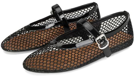 DOEYG Ballerines plates en maille pour femme, avec sangle à boucle confortables et décontractées, noir, 37 EU
