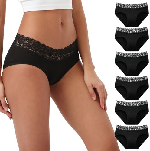 INNERSY Culotte Femme Coton Doux Midi Slip Dentelle Taille Moyenne Lot de 6 | Sous-vêtements Élastiques, Chic Hipster Classique, Sans Étiquette, Entrejambe 100% Coton Respirant, Confort Quotidien