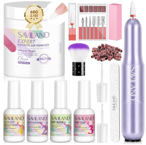 SAVILAND Complete Dip Powder Kit: 60g Clear Dipping Powder with Base Coat, Top Coat, Activator Enriched with Castor Oil, Vitamin E and Vitamin, Liquid for Brushes, Professional Nail Sander