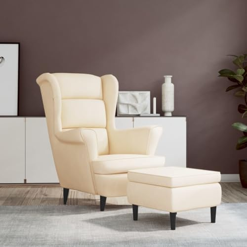 IKAYAA Butaca Viena con Taburete, Sillon Nordico, Sillón Escandinavo, Sillón Orejero, Butaca Viena, Relax Orejeras Escandinavo en Terciopelo Sillones Comodos para Salón o Dormitorio Crema