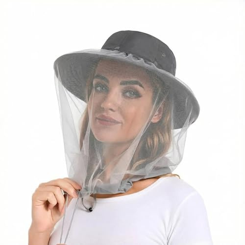Mosquito Sun Net Hat Cap - Foldable Bug Hat UPF 50+ Sun Protection with Hidden Netting for Summer Beekeeping Hiking Men Women (Gray)