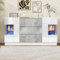 Elegantes Sideboard 140 x 35 x 75 cm, Kommode mit 2 Türen und 3 Schubladen,Hochglänzende weiße Fronten und Grauer Marmorlook, LED-Beleuchtung mit 16 Farben