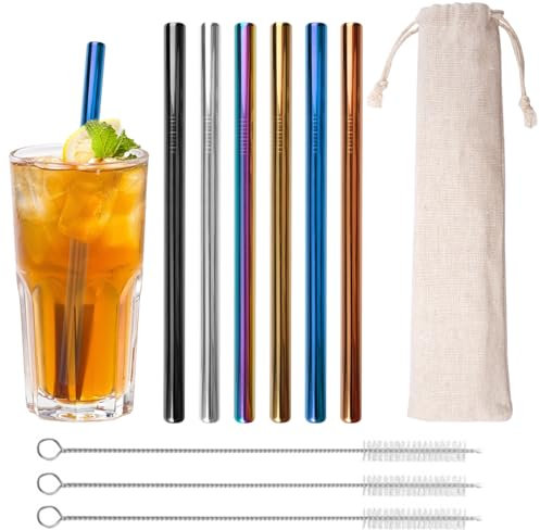 10 Pezzi Cannucce Riutilizzabili in Acciaio Inox, 12 mm Cannucce in Metallo con 3 Spazzole, Multicolore Riutilizzabili Cannuccia Set, per Cocktail, Latte Freddo, Caffè Freddo