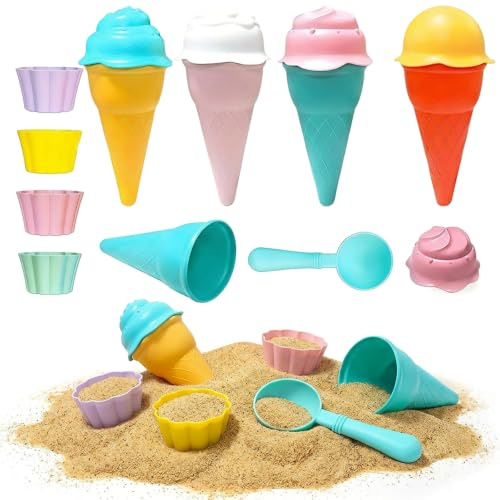 13 Pcs Ice Cream Beach Toy Set, Sand Toys with Plastic Ice Cream Cones, Multi-use Ice Cream Toy, Portable Sand Pit Toys for Outdoor Bath Travel Play