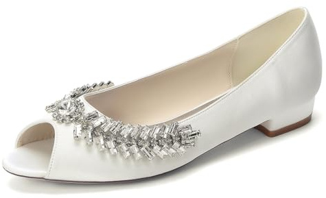 Mdrcg Chaussures de mariée Plates Satin Peep-Toe Femme, Ballerines Mariage Slip-on à Strass Cristal pour soirée et cérémonie,Ivory White,36 EU