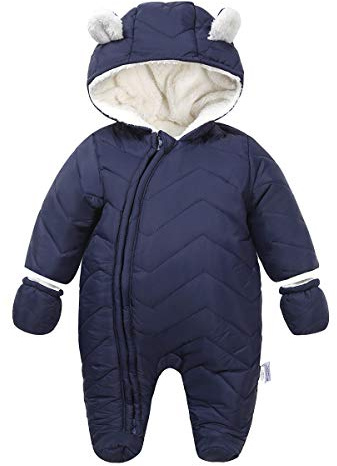 DINGDONG'S CLOSET Bébé Garçon Fille Hiver Matelassée à Capuche Combinaisons de Neige Snowsuit avec Gants(Bleu foncé,18-24Mois)