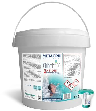 Metacril Chlorine multiaction swimming pool in 20 g tablets. + Doser - CHLOR Net 20 4 Actions 5 kg.+ Floating Measuring Jug with Thermometer - for Pool and Hydromassage. Immediate shipping