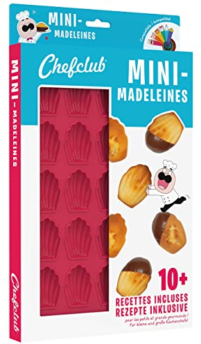 CHEFCLUB KIDS - Stampo in silicone per mini madeleine a 25 cavità - 4,5 cm - Coperchio ermetico - Ebook di 10 ricette incluso - Resistente da -40°C a +230°C - Lavabile in lavastoviglie - Rosa