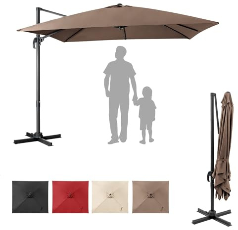 RELAX4LIFE Ombrellone da Giardino Quadrato 3x3M, Ombrellone da Esterno Pieghevole con 8 Stecche e Manovella, Rotazione a 360°, Base a Croce, Ideale per Balcone, Giardino e Patio (Marrone)