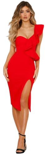 Generico Abito Donna Tubino Spacco Scollo Cuore Mono Spalla Rush Rosso/Taglia Unica