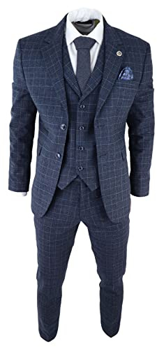 Costume Homme 3 Pièces Tweed à Carreaux Style Vintage Coupe Ajustée - Bleu 48