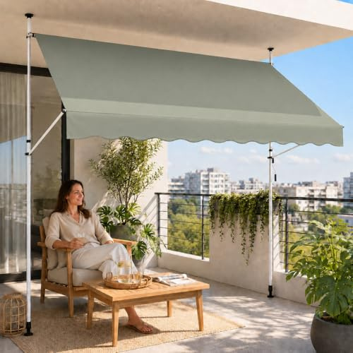 Strattore Klemmmarkise/Balkonmarkise 350 cm Breit Sonnenschutz Markise - ohne Bohren - Manuell einziehbar 200 cm Stofflänge - für Balkon, Terrasse, Garten - Matcha Grün