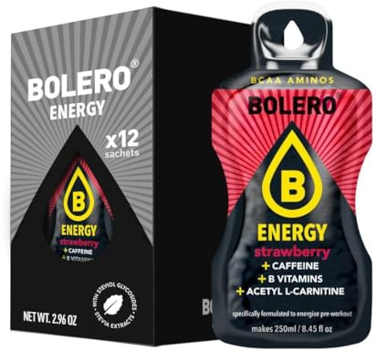 Bolero Energy 7 g x 12 sachets | Boisson en poudre sans sucre | Végan & sans gluten | Pour un mode de vie actif (12x7g, Fraise)