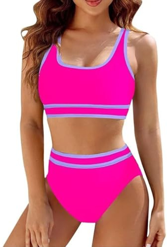 Mayoii 2 Piece Swimsuit for Women Bikini Set High Waisted Bottom Padded Push Up Top Tummy Control Swimwear Swimming Costumes Bathing Suit (UK, Alpha, XL, Regular, Regular, Rose Red)