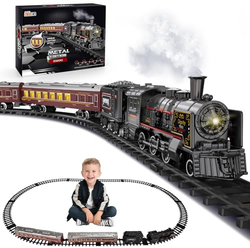 deAO Christmas Train Set, Electric Train with Light & Sounds, Smoke Effect, Train Set Under Christmas Tree, Electric Train Sets for Kids