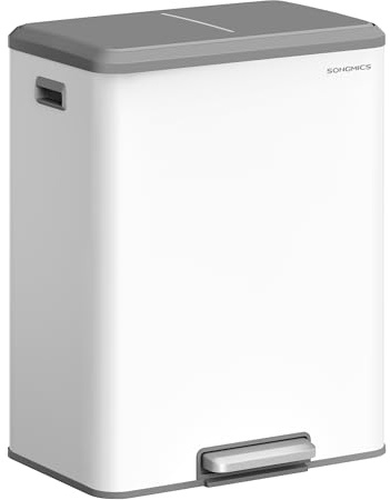 SONGMICS Papelera de Cocina, 2 x 30 L Cubo Doble para Reciclaje y Basura, Cubos Interiores, Acero, Tapa de Cierre Suave, Pedal Ancho y Robusto, Blanco Nube LTB556W02