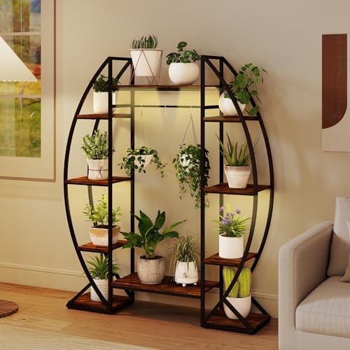 Costway Växtställ med Tillväxtlampor, 10-vånings Växthylla, Blomställ Inomhus, Blomtrappa Metall Trä, Blomhylla för Inomhus Hem Trädgård Balkong, 127x30x160 cm (Brun)