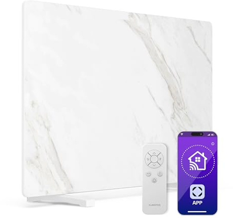 Klarstein Radiateur Infrarouge 600W – Panneau Chauffant Marbre, Thermostat, WiFi, Télécommande, Montage Mural ou Autonome, Sécurité Enfant, IP43, Chauffage Infrarouge Pièce 12m², Blanc