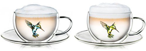 Creano Set de 2 Verres isothermes à Double paroi avec Motif Colibri - pour thé, café, Latte Macchiato etc., Verre avec Ornement Oiseau/Colibri | 250ml en boîte Cadeau