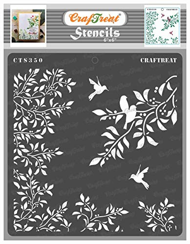 CrafTreat Reusable Bird Branch Stencils for Painting on Wood, Canvas, Paper, Fabric, Floor, Wall and Tile - Leaves and Branch Stencil - 6x6 Inches - DIY Arts and Crafts Stencil of Branches and Leaf
