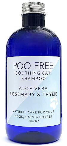 99% Natural CHAMPÚ CALMANTE para Gatos - Aloe Vera, TOMILLO Y Romero - 250 ml - por POO FREE - Sin Sulfatos, Sin Parabenos. Limpia, Calma, Alivia el picor, Elimina los Olores. Concentrado.