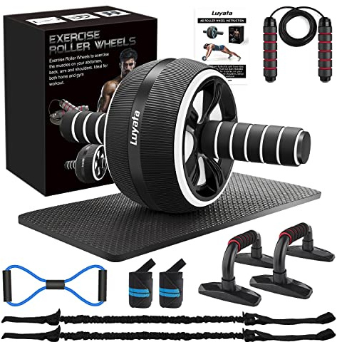 Ab Roller Wheel, 10-In-1 Ab Exercise Wheels Kit with Resistance Bands, Knee Mat, Jump Rope, Push-Up Bar - Home Gym Equipment for Men Women Core Strength & Abdominal Exercise