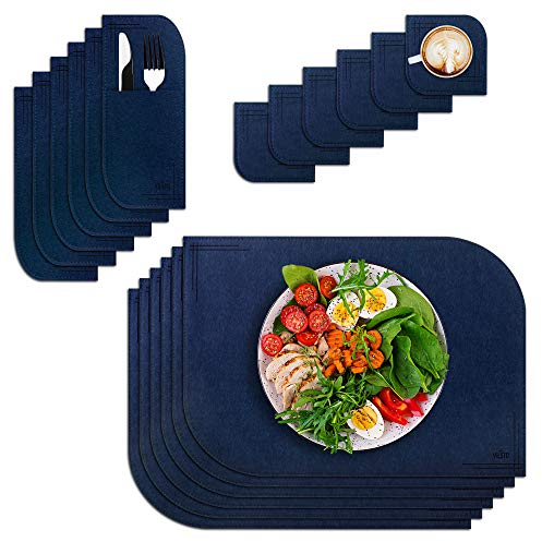 VILSTO Tischset Filz 18er Set, Tischsets Abwaschbar, Teller Set Untersetzer Gläser Bestecktaschen, Küchen Deko, Tischdeko Esstisch, Platzset Abwischbar, Dunkelblau