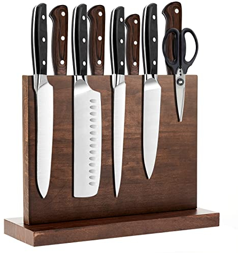 devesanter Bloc de rangement magnétique double face en bois avec pieds solides et antidérapants pour couteaux, ciseaux, couverts de cuisine, marron
