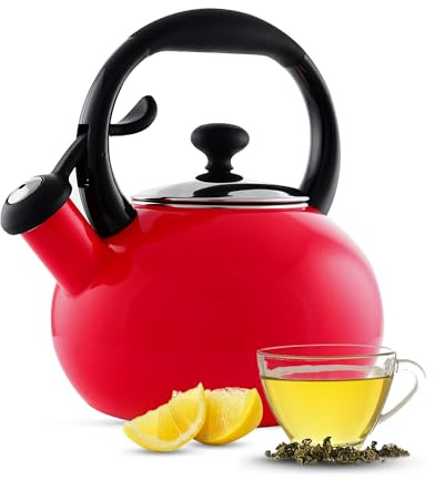 Chantal 1.8 QT Kettle, Buttons Series, Premium Enamel on Carbon Steel, Whistling, Even Heating & Quick Boil (Red)