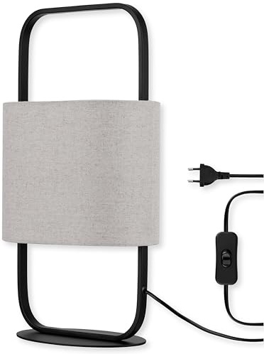 REV – Tischlampe im modernen Design mit Trage-Henkel – Tischleuchte mit Leinen-Lampenschirm in Taupefarben – E27 Fassung – Ideal für Nachttisch, Schreibtisch & Büro – 48cm