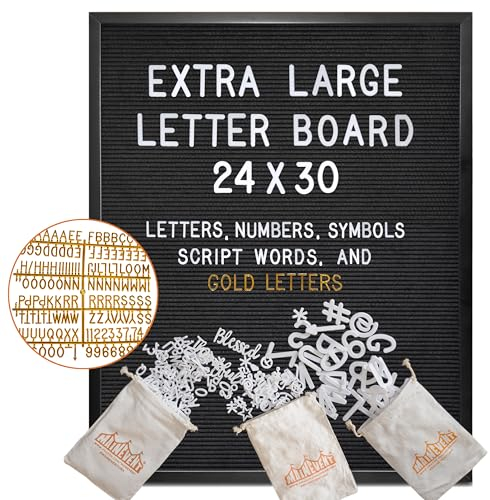 Black Felt Letter Board in Black Frame 24x30 Inch w/Gold Letters, Back to School Big Felt Board, Large Menu Board