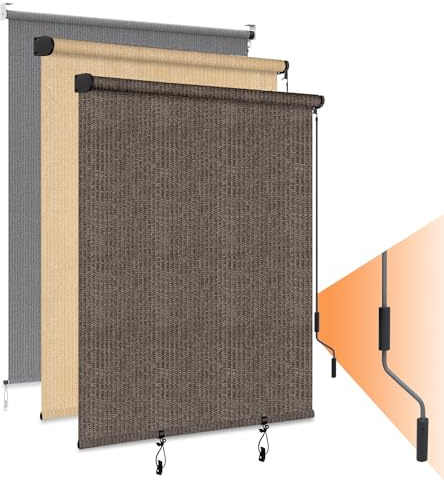 HOMEDEMO Outdoor Roller Shades for Patio, 8'W x 6' H(WxH) Coffee Roll up Shade for Outside，Sun Roller Shade Cloth Roll Blinds Cordless Waterproof for Porch Gazebo Pergola Balcony Backyard