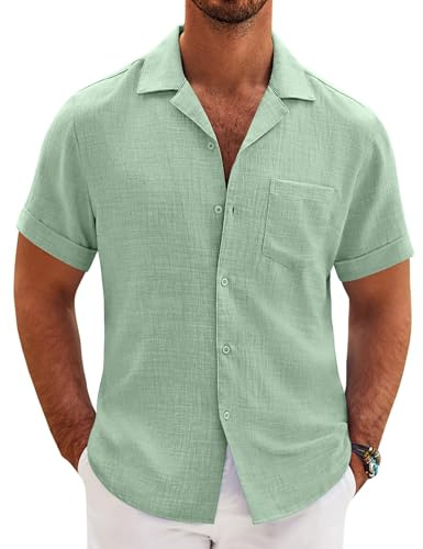COOFANDY Mens Casual Short Sleeve Button Down Shirts Cuban Linen Textured Shirt Summer Beach Wear (Sage Green, Large)