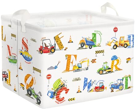 Clastyle 36L Grand Paniers Rangement Bulldozer Véhicule Alphabet Blanc avec Poignée Boîtes de Rangement Repliable Rectangulaire Jouets Cubique pour la Chambre des Enfants
