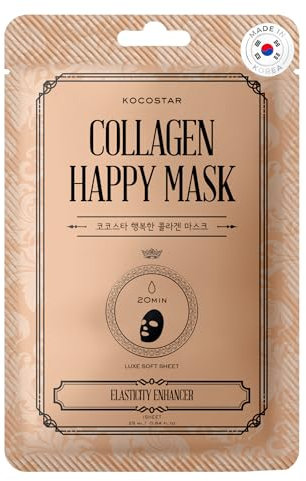 KOCOSTAR Collagen Happy Mask - Foglio di maschera per il viso coreano per donne con estratto di collagene vegetale, estratto di anga della vescica, olio di mandorle, 20 minuti per la cura del viso,