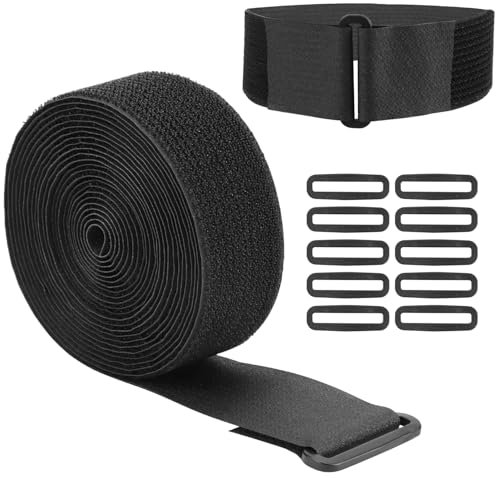 QWORK® Sujetacables Reutilizables de 5m x 5cm con 10 Hebillas, Corte Libre, Bridas Negro para Gestión de Cables