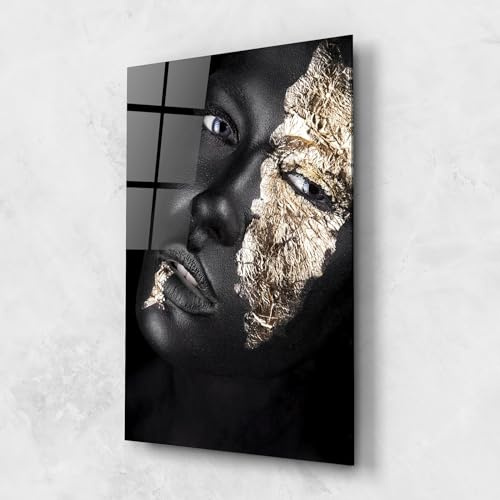 ARTHUB® Quadro in vetro 70x100 cm, 4mm temperato | Quadri moderni in vetro per soggiorno e camera da letto, decorazione da parete, arredamento d'interni, Donne, Grey Gold Makeup