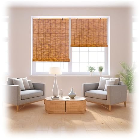 WMWZPYH Bamboo Shades for Indoor Windows, 23 31 37 41 47 51 67 73 77 in Blackout Bamboo Roller Blinds, Cordless Retro Roman Blind for Outdoor Patio Pergola Porch Privacy Screen(45 W x 48 H)