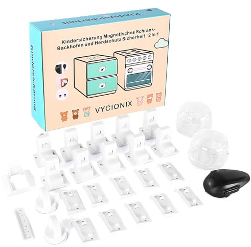 VYCIONIX KINDERSICHERUNG SET:MAGNETISCHE SCHUBLADENSICHERUNG (10+2) OFENSICHERUNG (1) UND HERDKNOPFSCHUTZ (2) UNSICHTBARE SICHERHEITLÖSUNG OHNE BOHREN SCHRAUBEN WERKZEUG