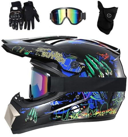 Dual Sport MTB Motocross Helmet, with Goggles Gloves Mask, Youth Kids Full Face Off-Road ATV Scooter Street Motorbike Helmets, Downhill BMX Quad Dirt Bike Enduro Helmet(Bright Black,L/56-57CM)