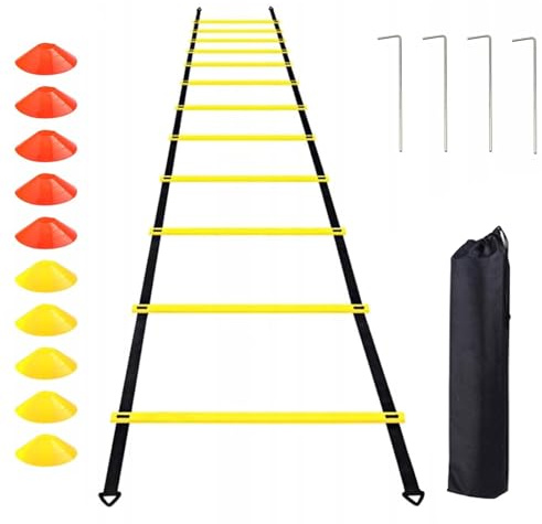 Football Entrainement Kit, Accessoires d'entraînement de Football, Échelle de coordination 6 m, avec 10 Cônes de Disque, Ensemble D'entraînement de Vitesse et D'agilité pour Enfants et Adultes
